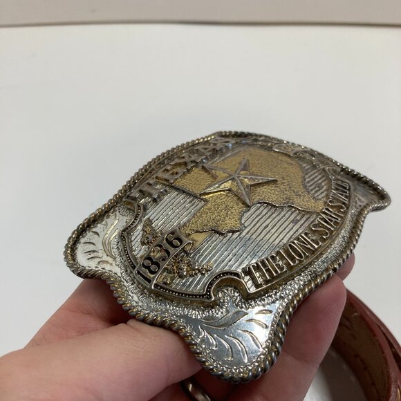 ADM Silversmith Col Texas Lone Star State Belt Buckle 40 Leather Belt Hand Made - Picture 4 of 16